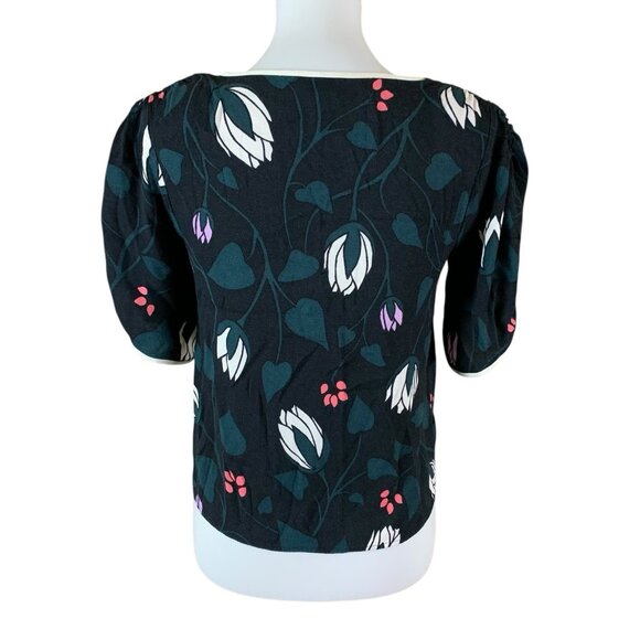 Kate Spade Deco Bloom Crepe Blouse Black Floral Print V Neck Elegant XS - Picture 4 of 6